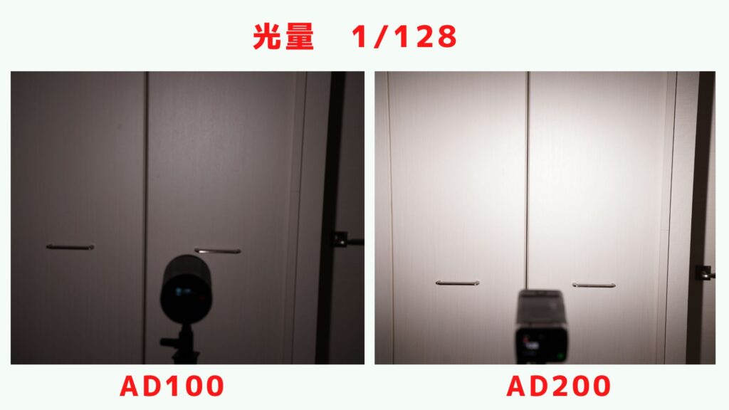 AD100とAD200、光量1/128の時の発光比較