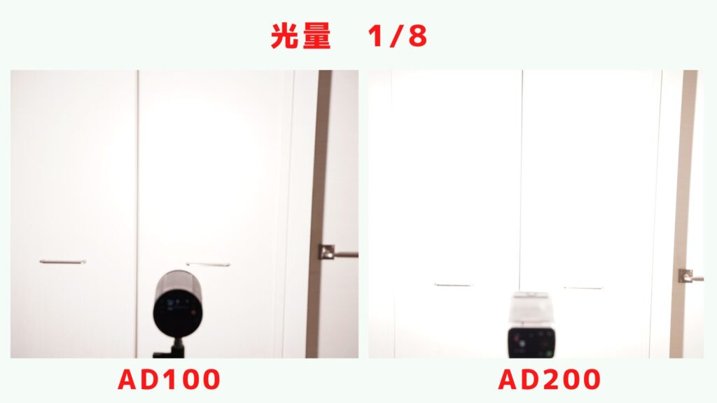 AD100とAD200、光量1/8の時の発光比較